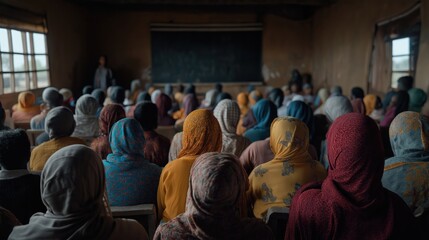 Obraz premium Large group of people sit in classroom listening to speaker. Traditional clothing, cultural attire visible. Educational gathering in community setting. Focus on cultural exchange education. Classroom