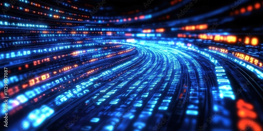 Poster abstract digital data flow with glowing binary code in blue and orange colors on a dark background
