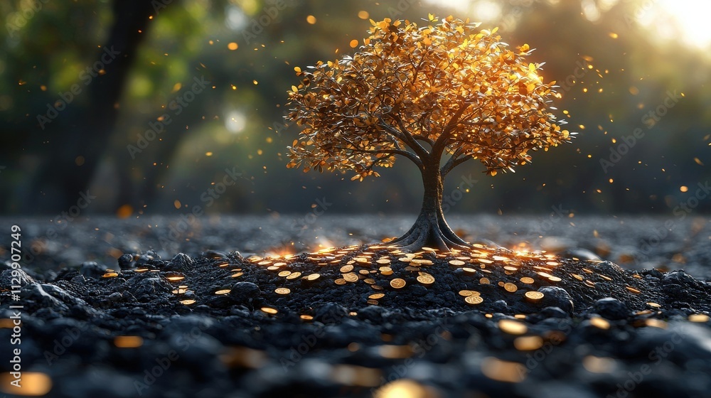 Poster investing in secure blockchain ecosystems nurturing financial growth in natural environments