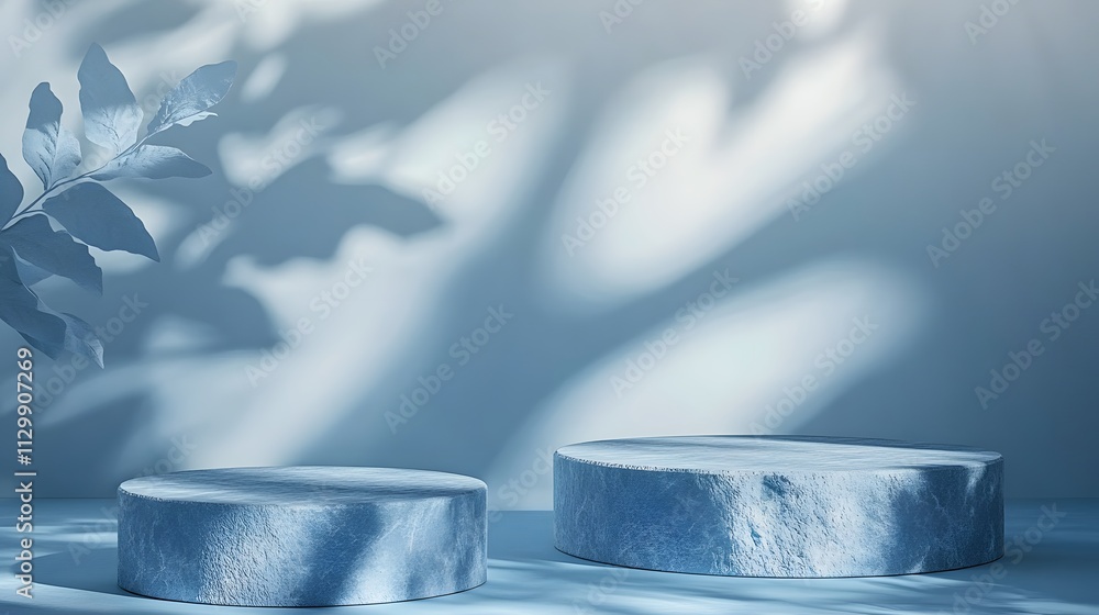 Poster a serene blue composition featuring circular platforms and soft shadows from foliage.