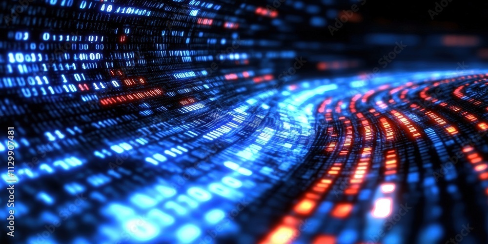 Poster abstract digital background with flowing binary code in glowing blue and red colors for data visuali