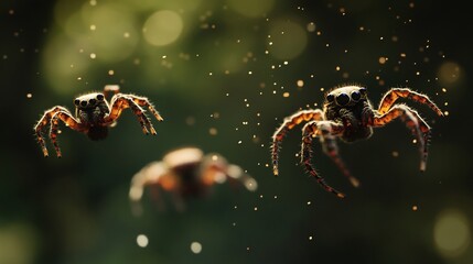 Fototapeta premium Three Jumping Spiders in Mid-Air, Illuminated by Golden Light