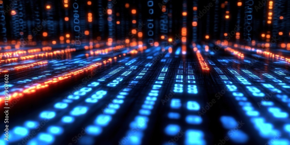 Poster abstract digital data technology background featuring blue and orange binary code in a futuristic en