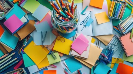 Colorful Chaos: A Desk Overflowing with School Supplies