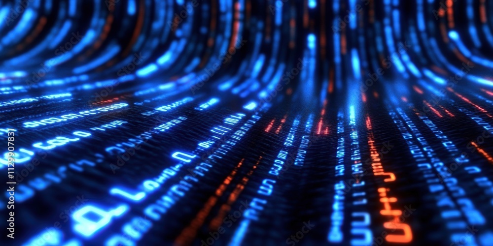 Poster abstract digital background featuring flowing binary code in vivid blue and orange hues, representin