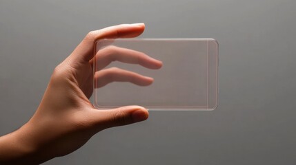 A Hand Holding a Transparent Smartphone Mockup Against a Gray Background, showcasing Futuristic Technology and Minimalist Design