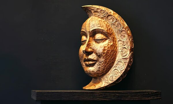 Intricately carved wooden moon face sculpture against black background