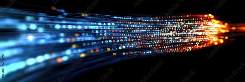Poster flowing digital data stream with bright binary code illustrating advanced technology background