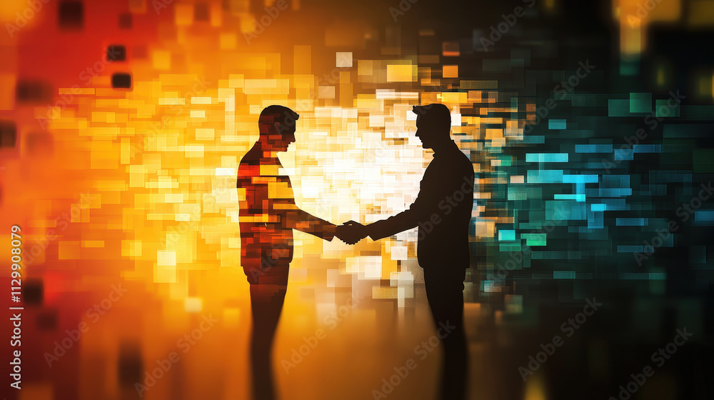 Poster business handshake on digital background symbolizes partnership and collaboration. vibrant colors an