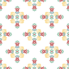 Obraz premium Red, blue, and white embroidery, motif ethnic ikat seamless textile illustration, print striped ornament, pattern, design for wrapping, silk, scarf, clothing, background, textile, carpets, curtains.