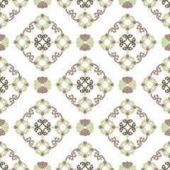 Brown, green, and white embroidery, motif ethnic ikat seamless textile illustration, print striped ornament, pattern, design for wrapping, silk, scarf, clothing, textile, carpets, curtains.
