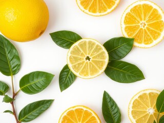 Lemon and lemon slices with green leaf isolated on white background flat lay top view, isolated, healthy