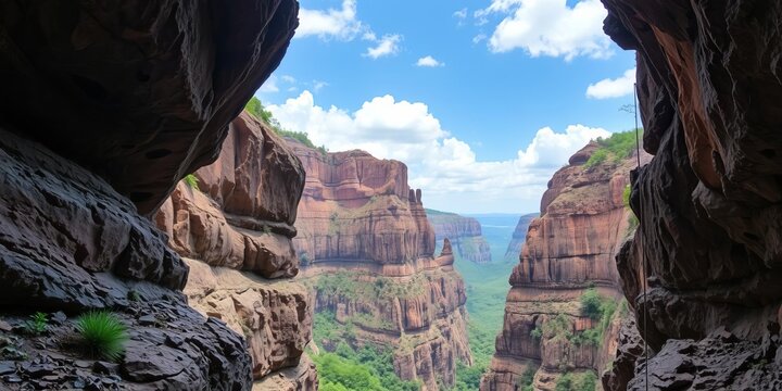 Landscape view of dramatic rock formations in Canyon do Xingo, Aracaju, Brazil with clear blue skies, adventure, Xingo