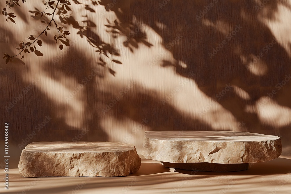 Poster a serene composition featuring two stone tables casting soft shadows against a textured backdrop.