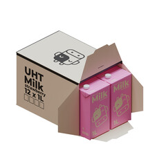 A Box Full Of Large Strawberry Milk  3D Render Design Element