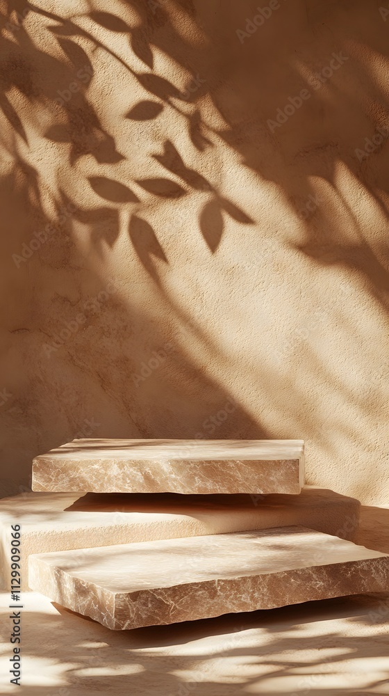 Poster a serene composition of layered stone slabs casting soft shadows on a textured wall.