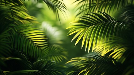 Fototapeta premium Lush green palm leaves backlit by sunlight in a tropical jungle.