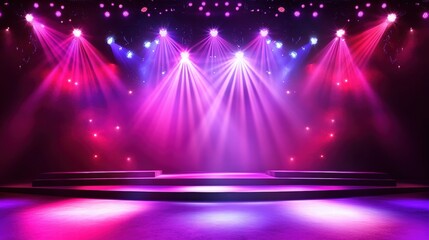 Free stage with lights, Empty stage with red and purple spotlights,. Presentation concept,	

