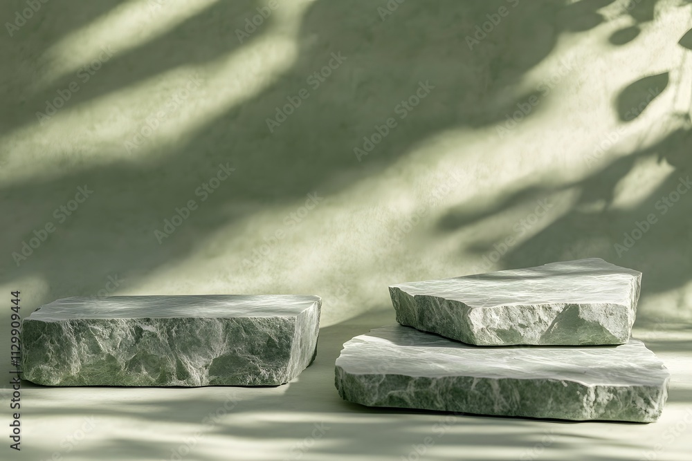 Aufkleber a serene composition of textured stone slabs against a soft green background with shadows.