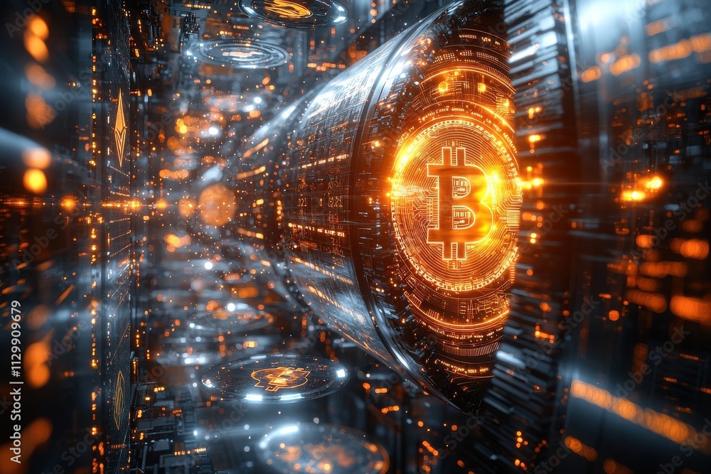 Poster exploring dynamic blockchain ecosystems bitcoin innovation digital space visualization virtual envir