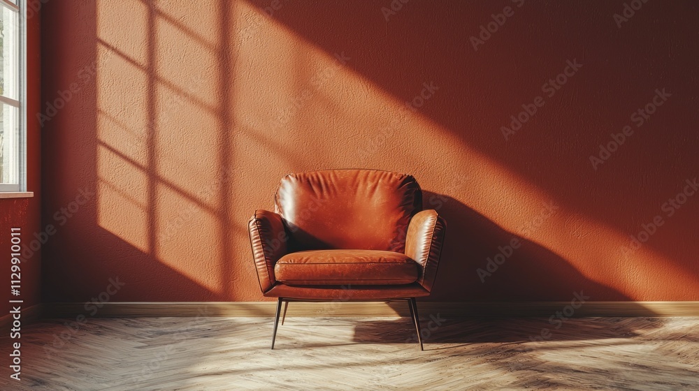 Poster a chic brown mocha mousse armchair sits against a warm mocha wall, bathed in soft light from a nearb