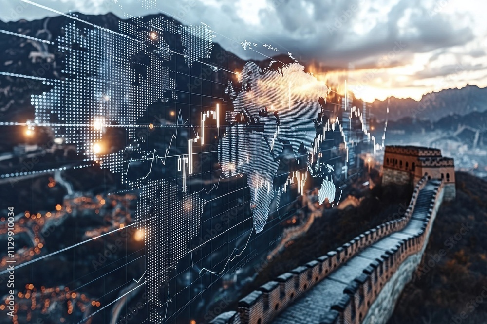 Aufkleber analyzing secure blockchain ecosystems and economic trends great wall of china digital visualization