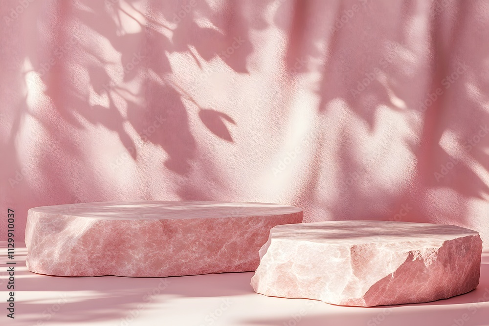 Aufkleber a serene display of pink stone platforms casting soft shadows against a pastel backdrop.