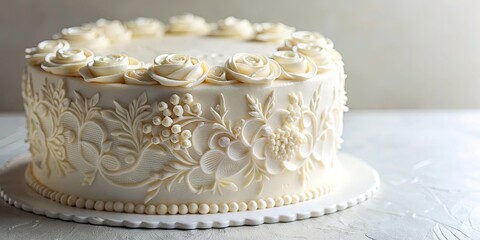 Elegant Vanilla Cake Decorated with Intricate Floral Frosting and Pearl Accents