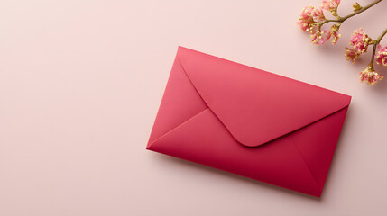 Elegant red envelope on soft pink background with flowers