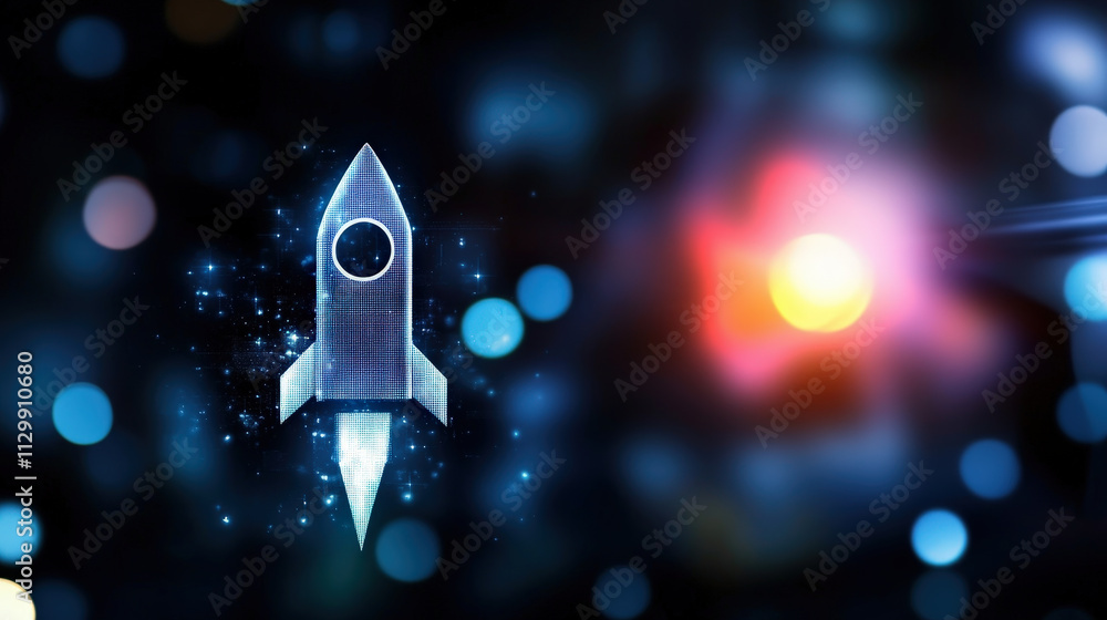 Poster digital rocket icon with glowing effects and abstract background, symbolizing innovation and technol