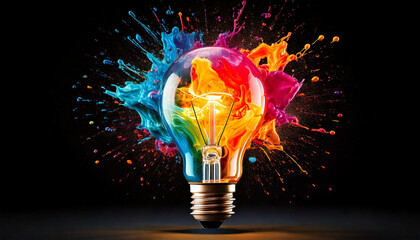 Creative light bulb explodes with colorful paint and splashes on a black background. Think differently creative idea concept