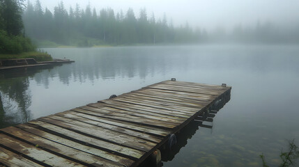 Obraz premium A serene lake scene with a wooden dock surrounded by fog and trees.
