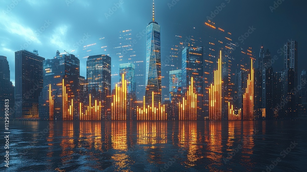 Poster dynamic financial data streams and glowing bar charts in urban landscape cityscape visualization tec