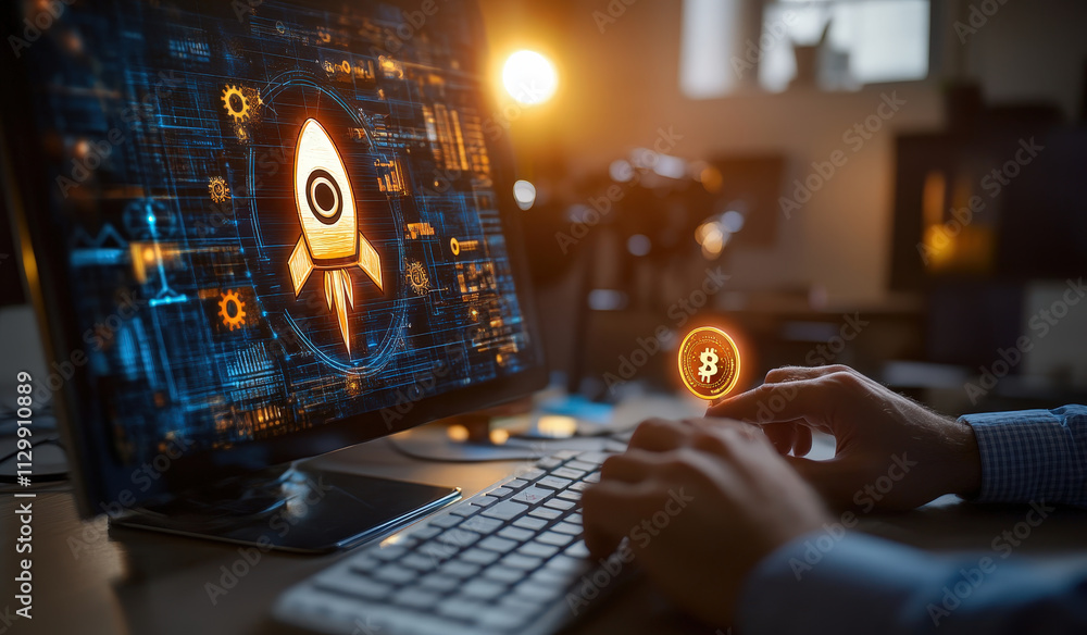 Poster businessman using computer to launch rocket icon, symbolizing innovation and cryptocurrency. digital