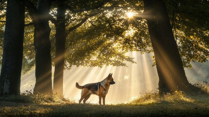 Majestic german shepherd in sunlit forest artistic pet impressions nature scene tranquil environment captured perspective