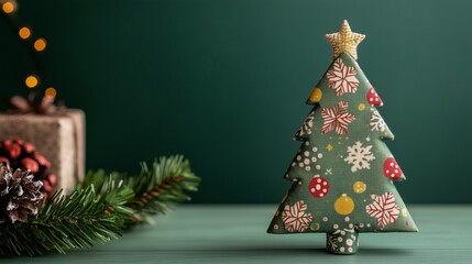 Cute Fabric Christmas Tree with Green Background