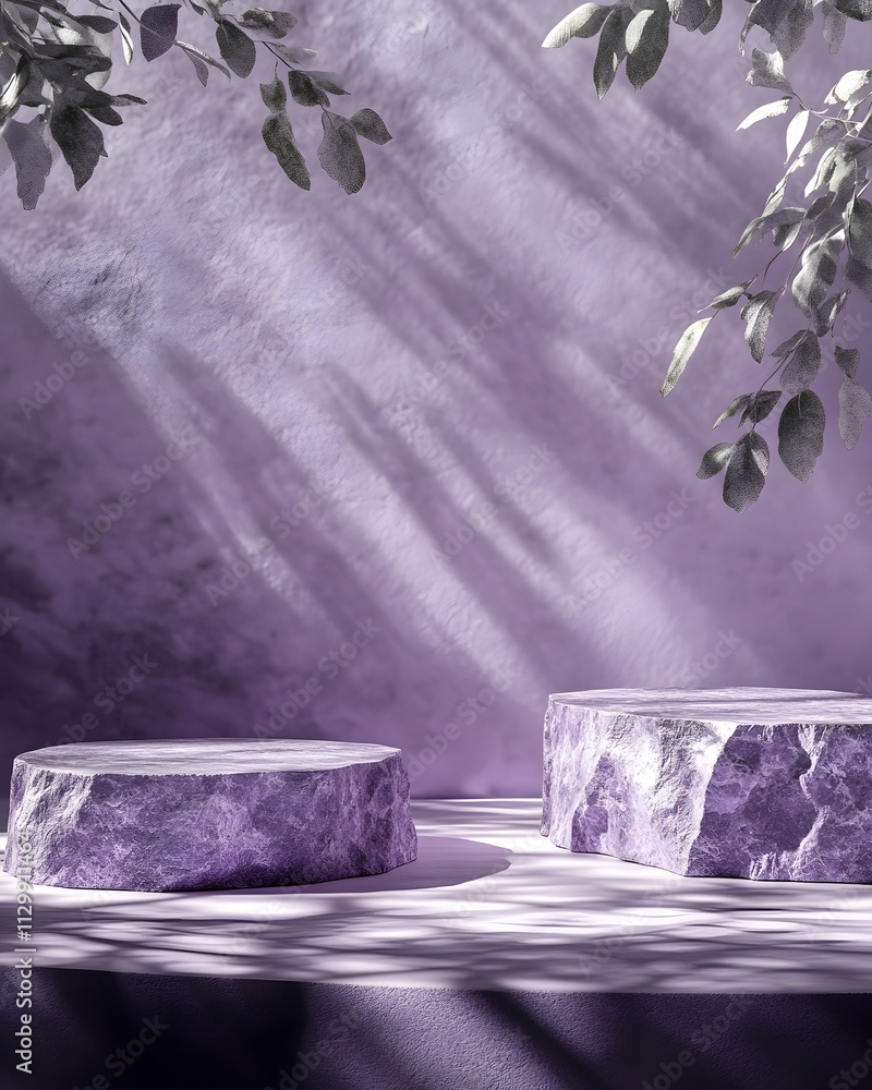 Poster a serene purple scene with textured circular platforms and soft shadows from foliage.