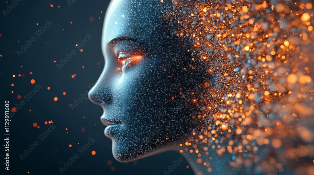 Poster a digital profile of a human face dissolves into glowing particles, symbolizing artificial intellige
