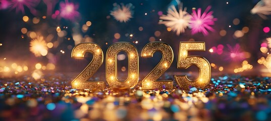 2025 New Year Celebration - Golden Numbers And Fireworks At Eve Night With Abstract Defocused Bokeh Lights,


