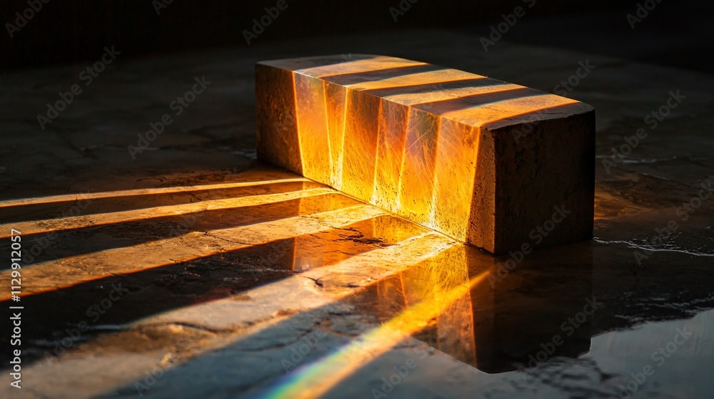 Poster illuminated rectangular block casting light rays and rainbow reflection on wet surface.