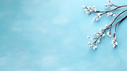 Snow-covered branches against light blue background