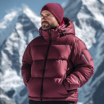 mockup of a man wearing a soft plain maroon goose down jacket, snowy mountain background, Ai generated images