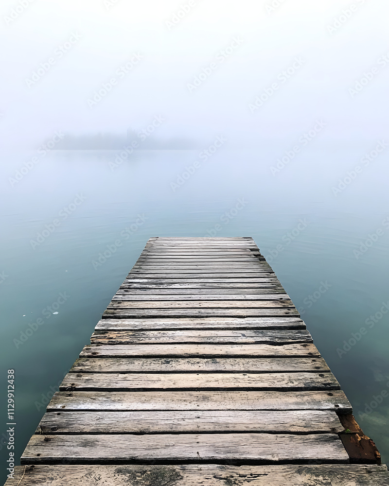 Poster a serene wooden dock extending into a foggy lake, creating a tranquil atmosphere.