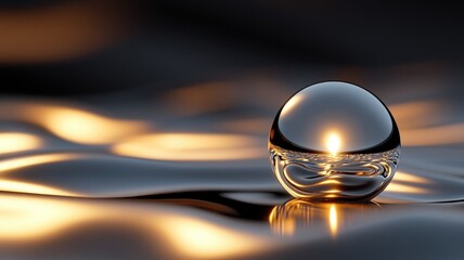 Shiny glass sphere on reflective golden surface, glowing in dim light