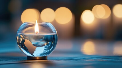 Candlelight in glass holder; reflective and serene ambiance