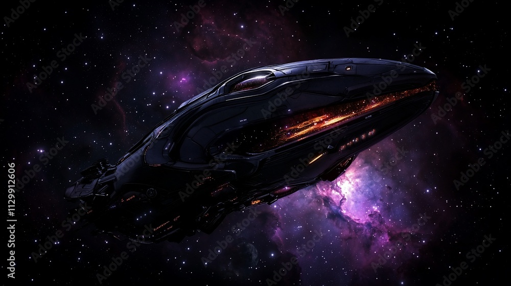 Poster futuristic spaceship traversing a vibrant nebula.