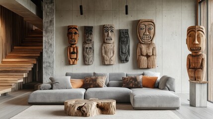 Modern living room with wooden sculptures and grey sofa.