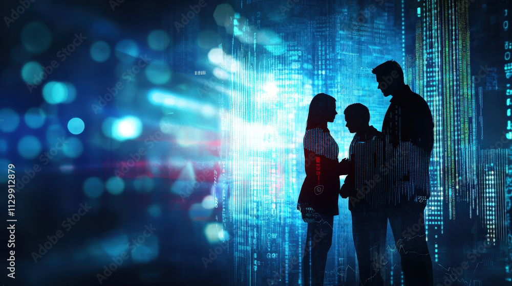Poster business handshake on blue digital background, symbolizing collaboration and partnership in tech dri