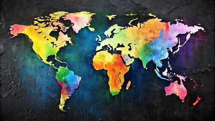 Vibrant Watercolor World Map on a Dark Textured Background, Ideal for Global Concepts and Travel Designs