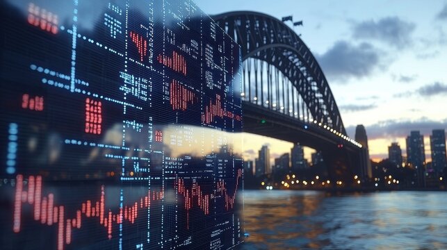 Holographic currency and trade data interaction sydney digital visualization urban landscape night scene financial innovation